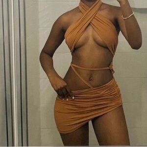 Brown Halter Wrap two piece set